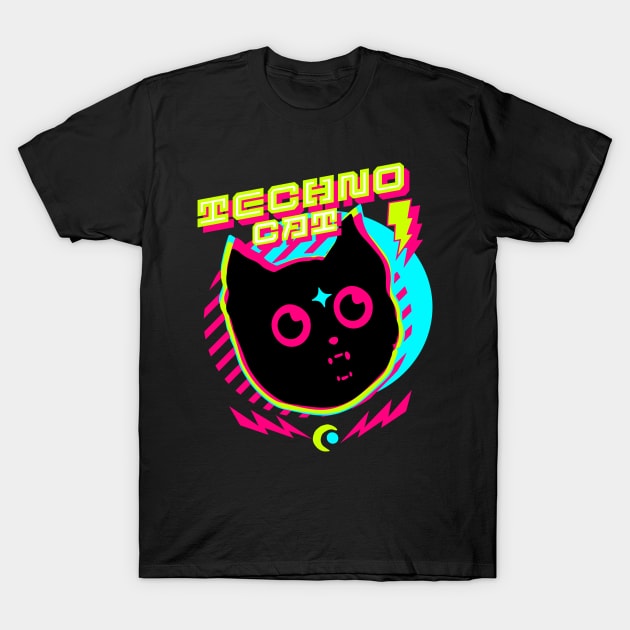 TECHNO - TECHNO CAT (lime/pink/blue) T-Shirt by DISCOTHREADZ 